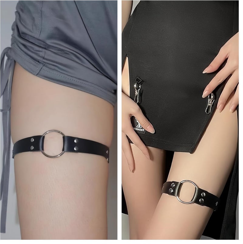 Outman Adjustable Elastice 2 Rows Leather Leg Harness Garter Belt Punk Gothic Thigh Ring Garter - Image 5